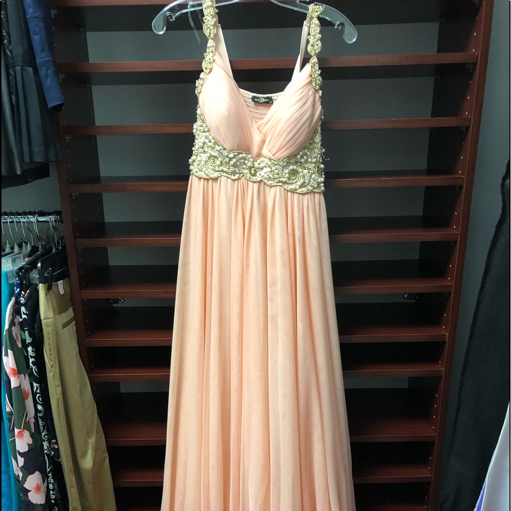 Pink maxi formal gown with pearls